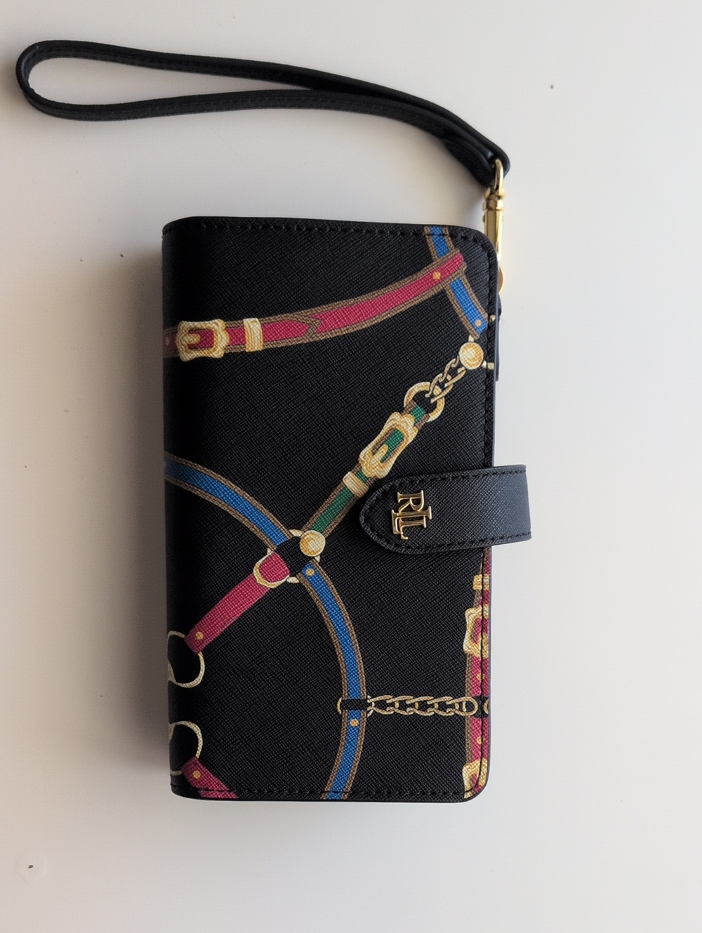 Ralph Lauren Black Wristlet Clutch with Multicolor Belt Print